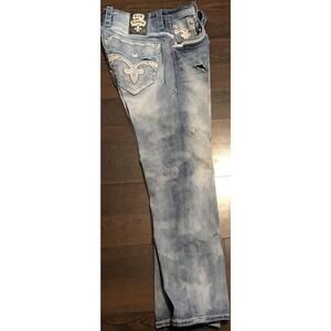 $220 Mens Rock Revival Jeans "Feeney" Leather Inserts Straight 33x32 Y2K